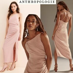 Anthropologie Blush Pink Ruched Linen Midi Dress Wedding Victorian Feminine Sz 6